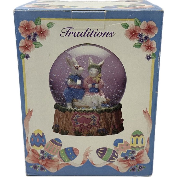 Vtg Easter Musical Snowglobe Mr & Mrs Rabbit Bunny Love Works Hand Painted VIDEO - Picture 10 of 12